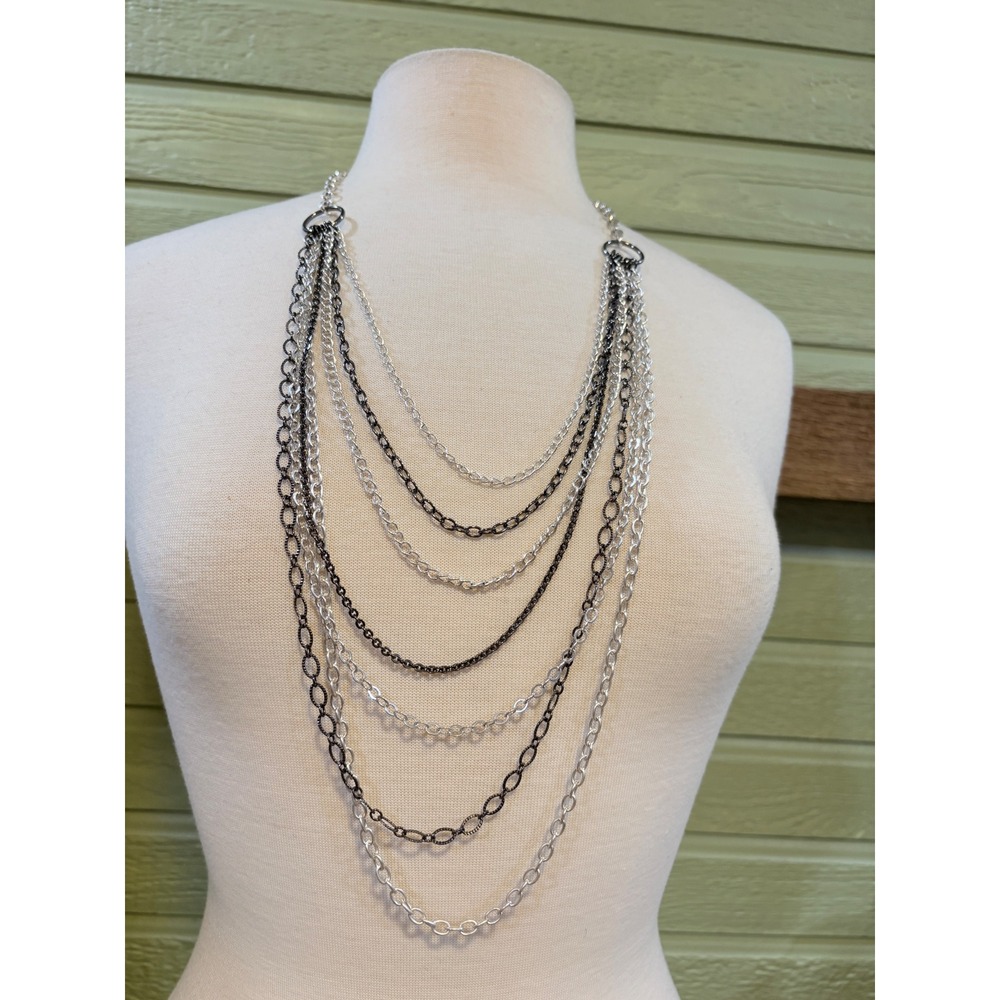 Multi Strand Layered Bib‎ Necklace Silver Gunmetal Mixed Metal Chain